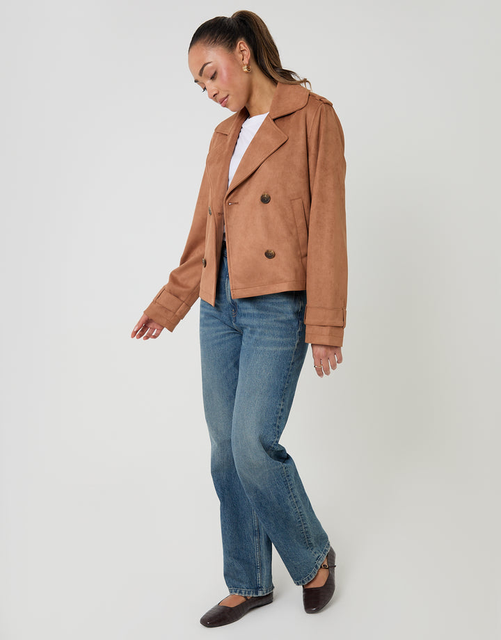 Tan Brown Suedette Cropped Trench Coat