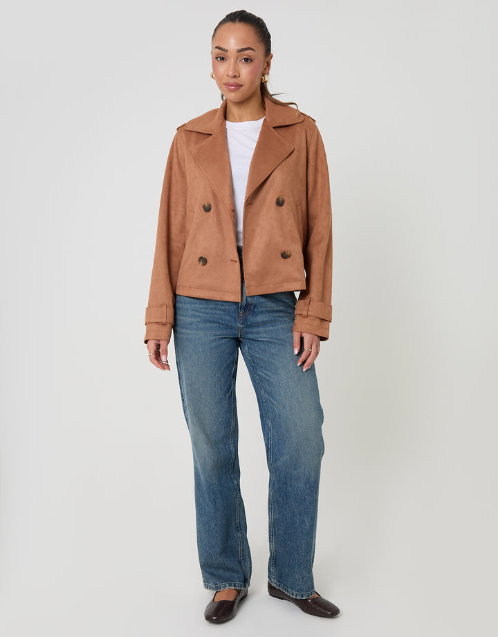 Tan Brown Suedette Cropped Trench Coat