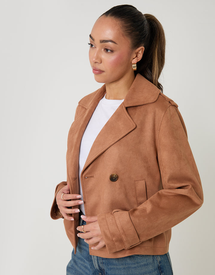 Tan Brown Suedette Cropped Trench Coat
