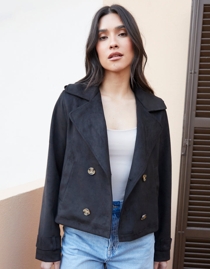 Black Suedette Cropped Trench Coat