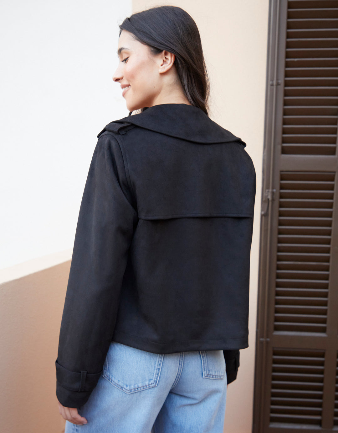 Black Suedette Cropped Trench Coat