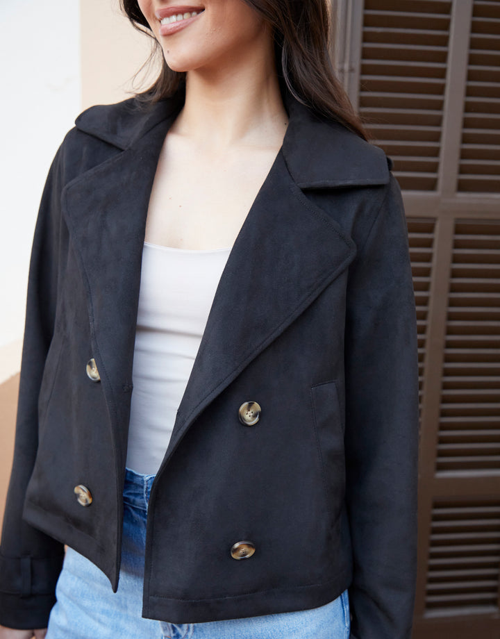 Black Suedette Cropped Trench Coat