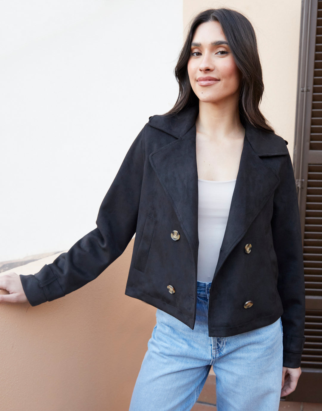 Black Suedette Cropped Trench Coat