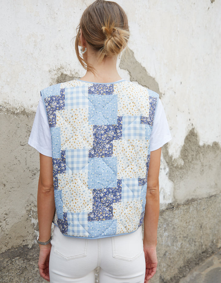 Blue Floral Patchwork Reversible Quilted Gilet