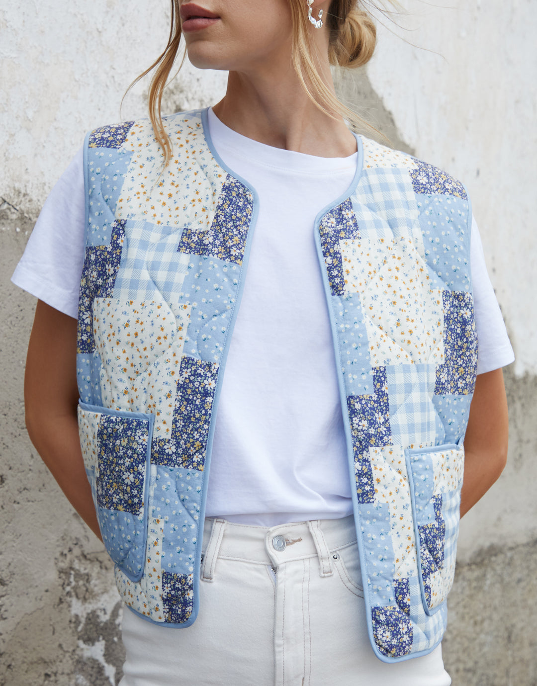Blue Floral Patchwork Reversible Quilted Gilet
