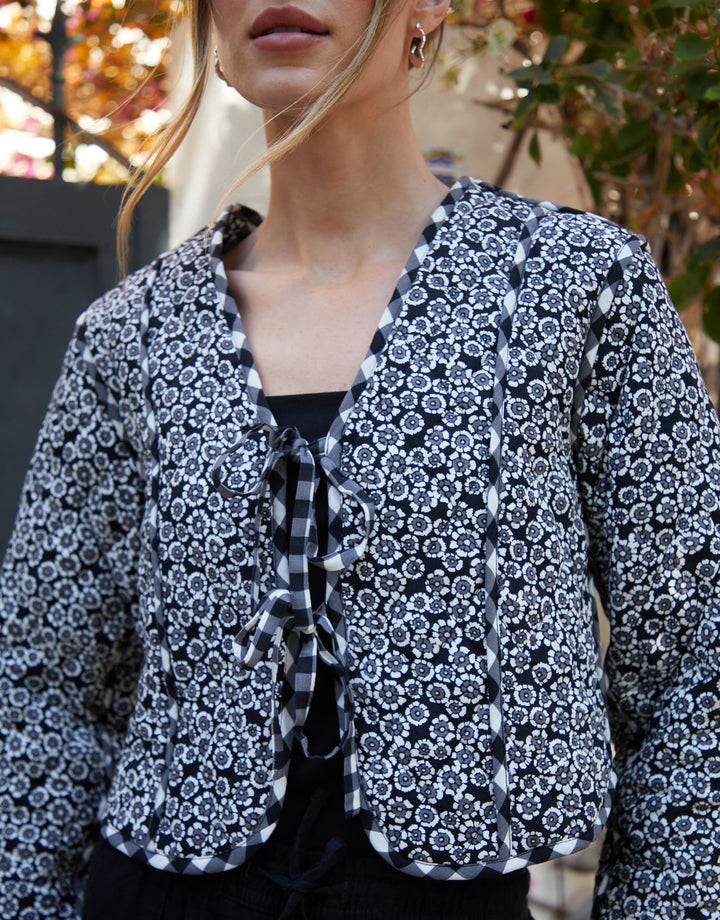 Black Floral Tie Front Reversible Quilted Jacket