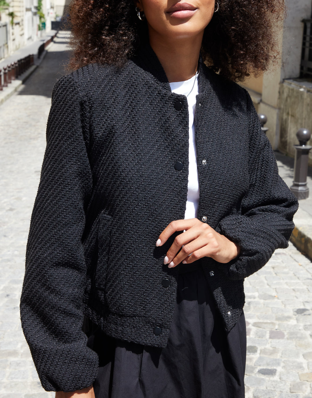 Black Bouclé Bomber Jacket