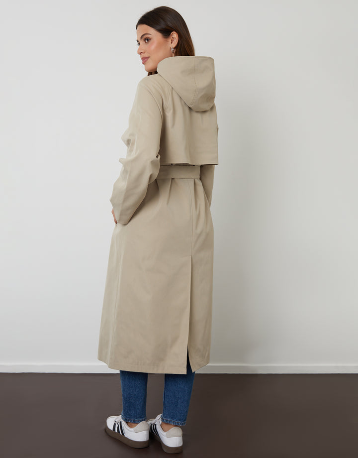 Stone Longline Hooded Trench Coat