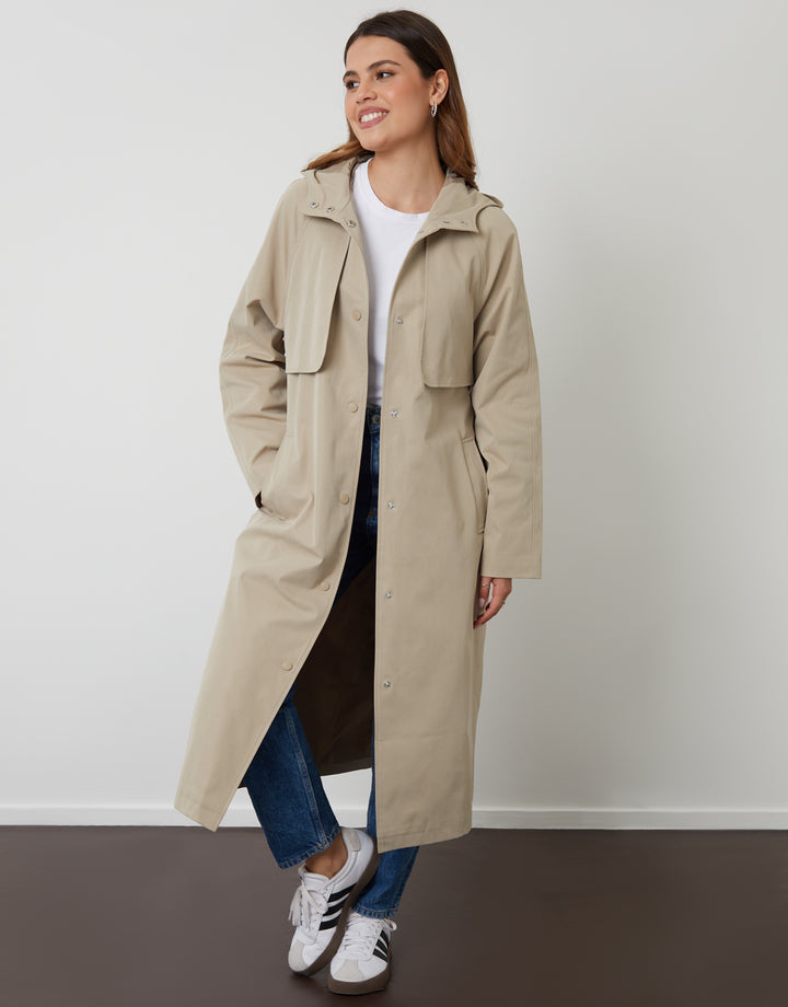Stone Longline Hooded Trench Coat