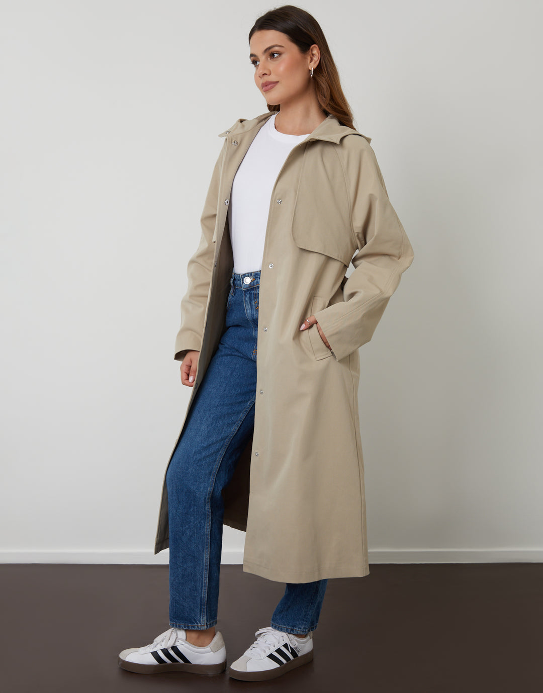 Stone Longline Hooded Trench Coat