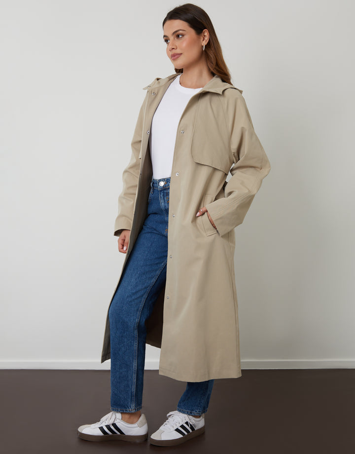 Stone Longline Hooded Trench Coat