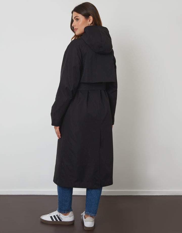 Black Longline Hooded Trench Coat