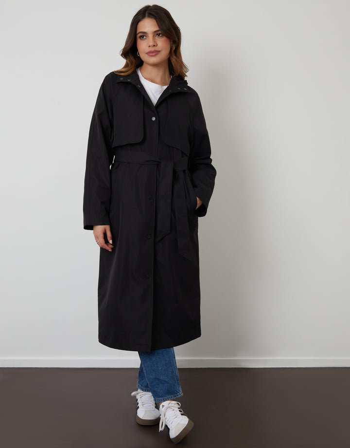 Black Longline Hooded Trench Coat