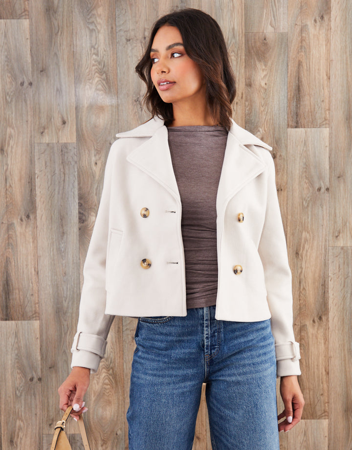 Cream Faux Wool Cropped Trench Coat
