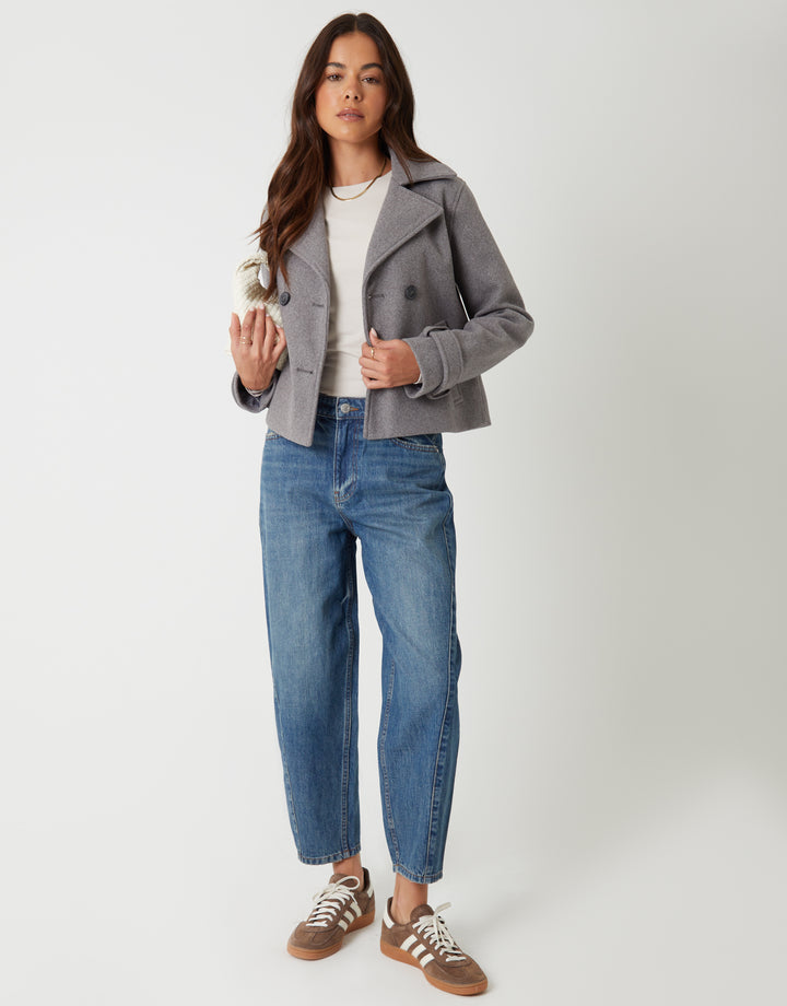Grey Faux Wool Cropped Trench Coat