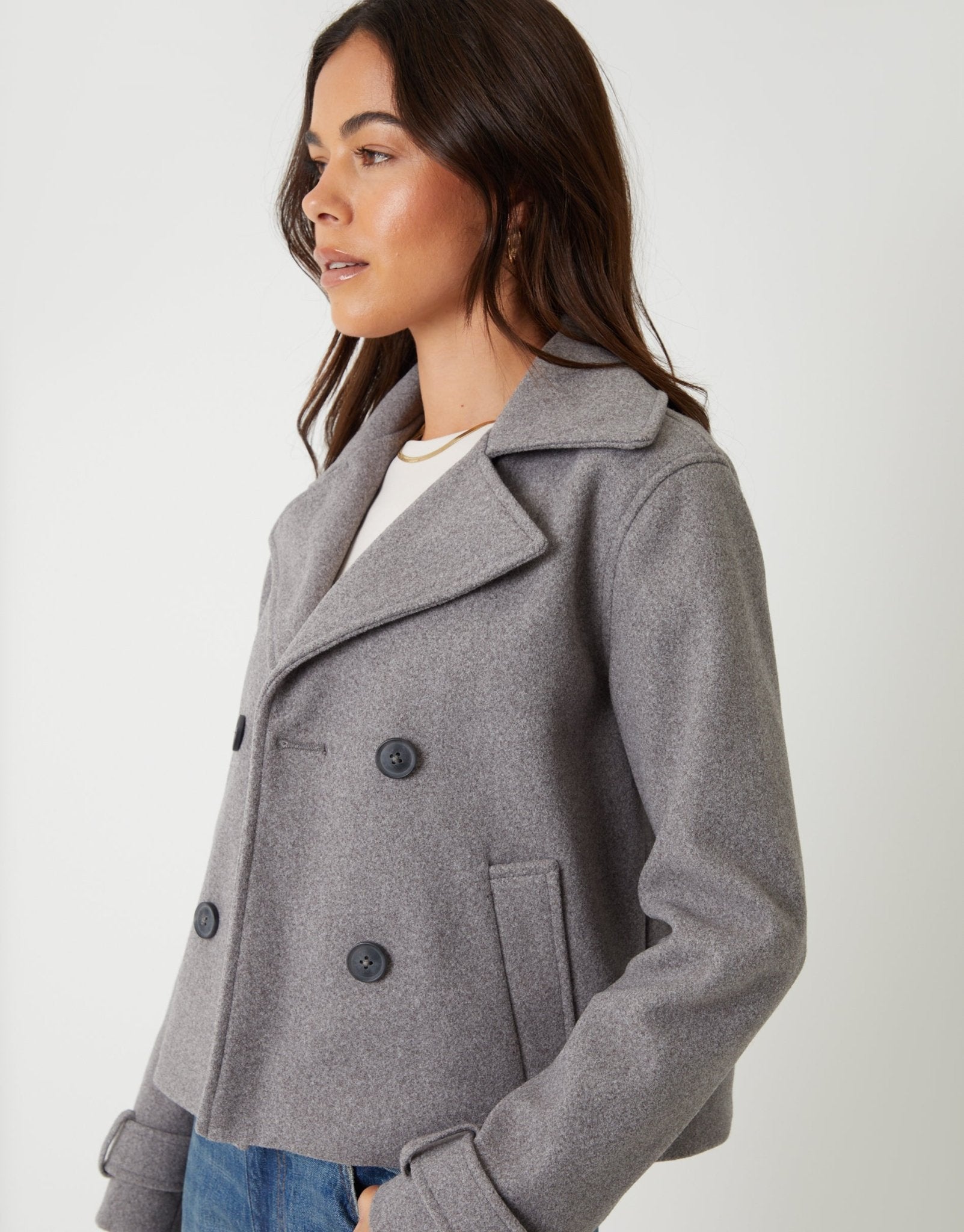 Threadbare Women's Faux Wool Cropped Trench Coat in Grey