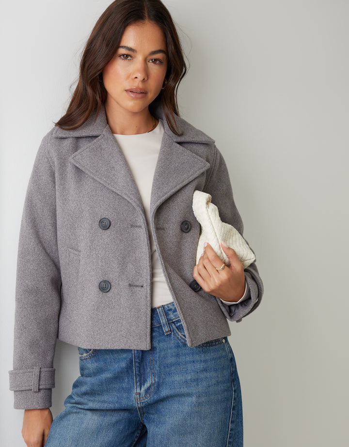 Grey Faux Wool Cropped Trench Coat