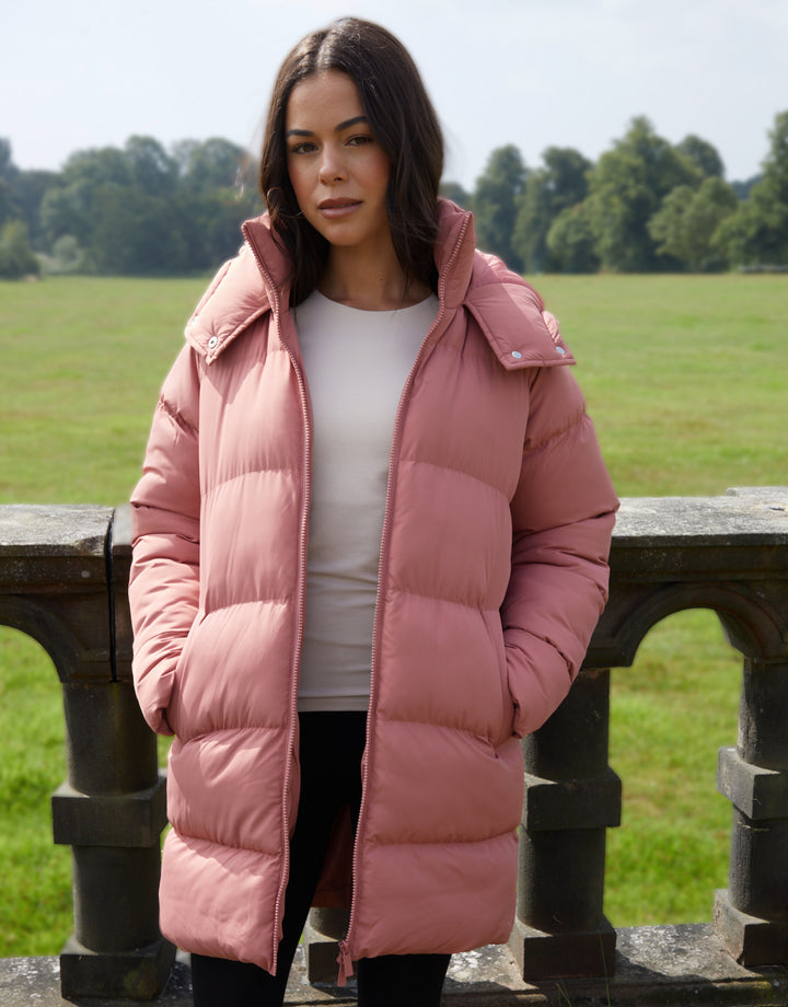 Pink Mid Length Hooded Puffer Coat