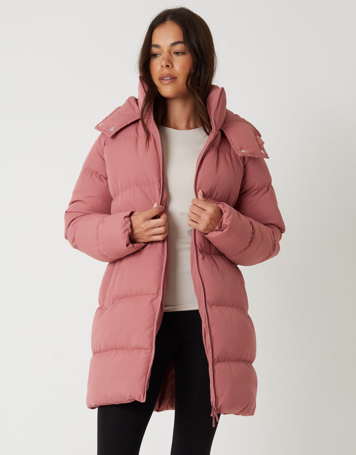 Pink Mid Length Hooded Puffer Coat