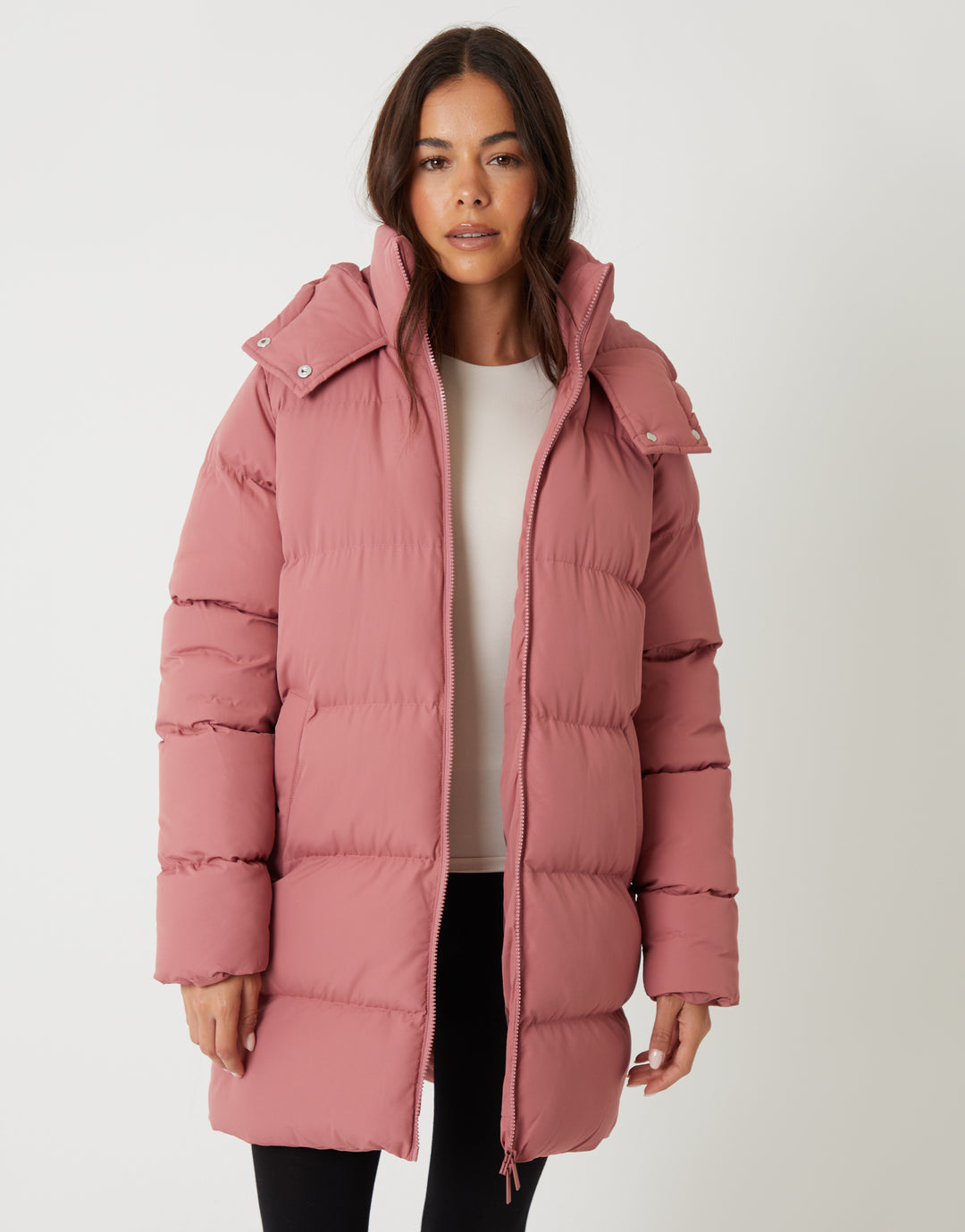Pink Mid Length Hooded Puffer Coat