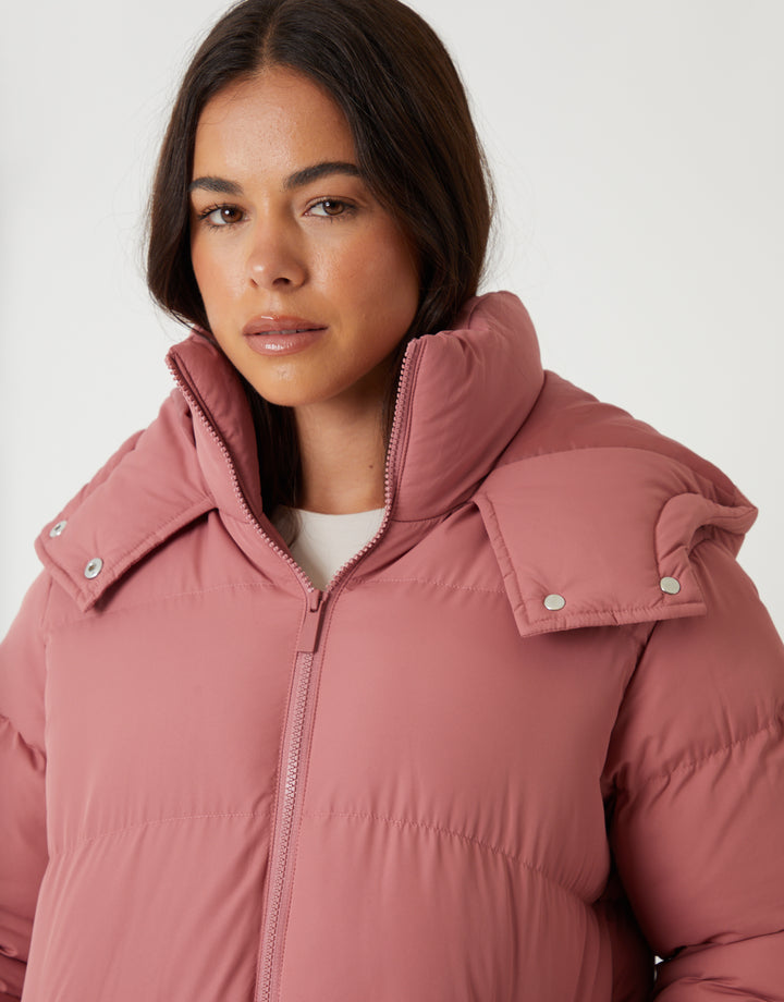 Pink Mid Length Hooded Puffer Coat