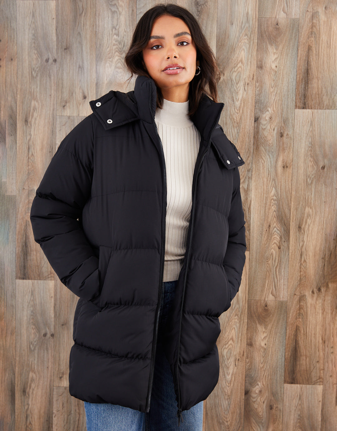 Threadbare Women's Black Mid Length Hooded Puffer Coat