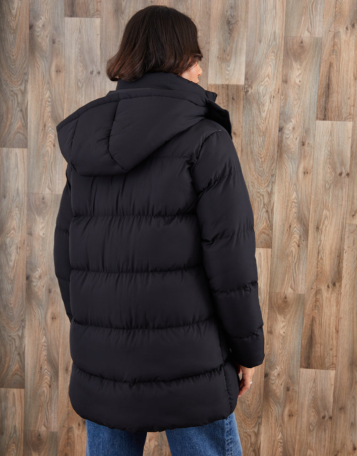 Black Mid Length Hooded Puffer Coat