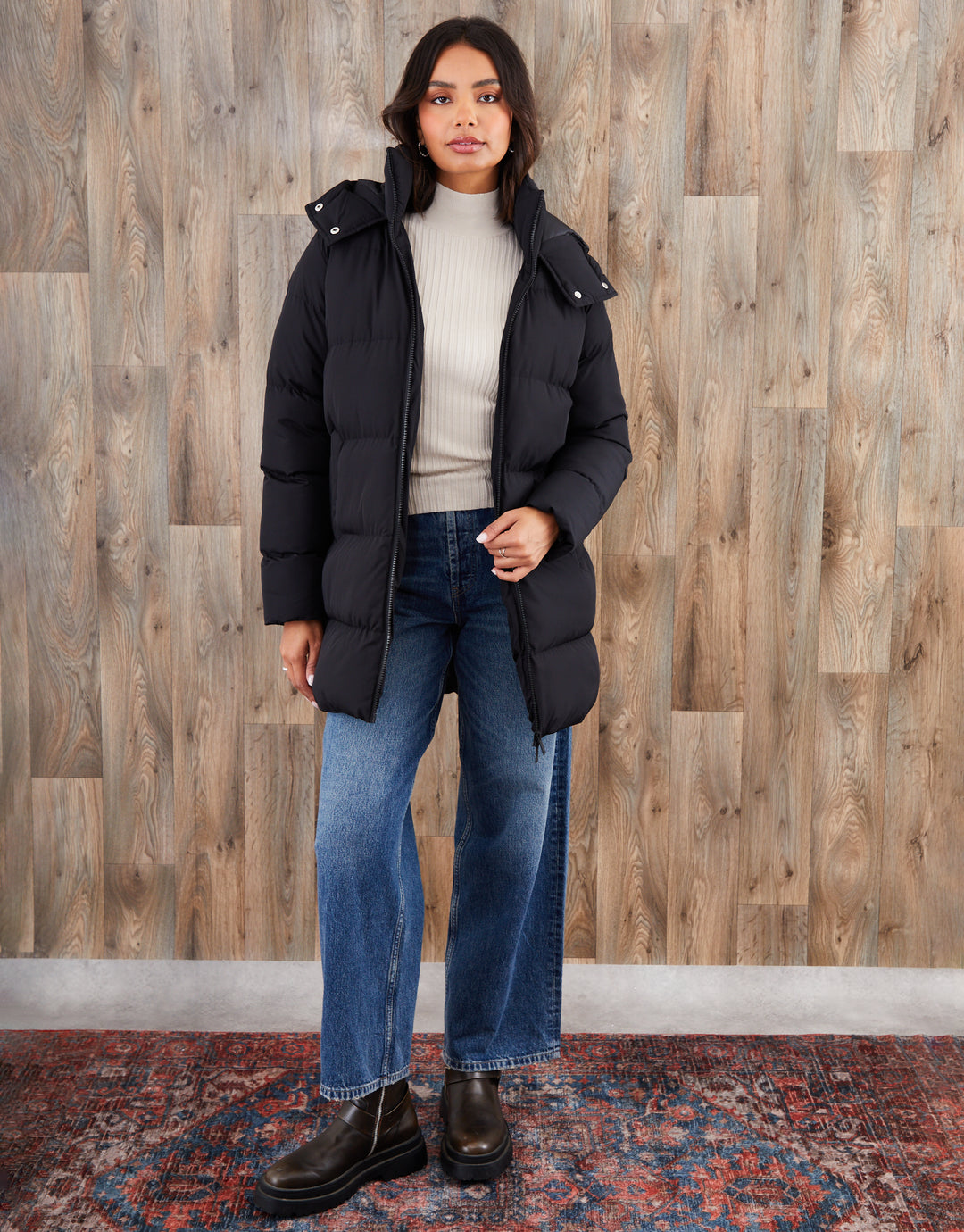 Black Mid Length Hooded Puffer Coat