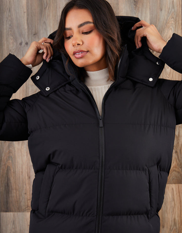 Black Mid Length Hooded Puffer Coat