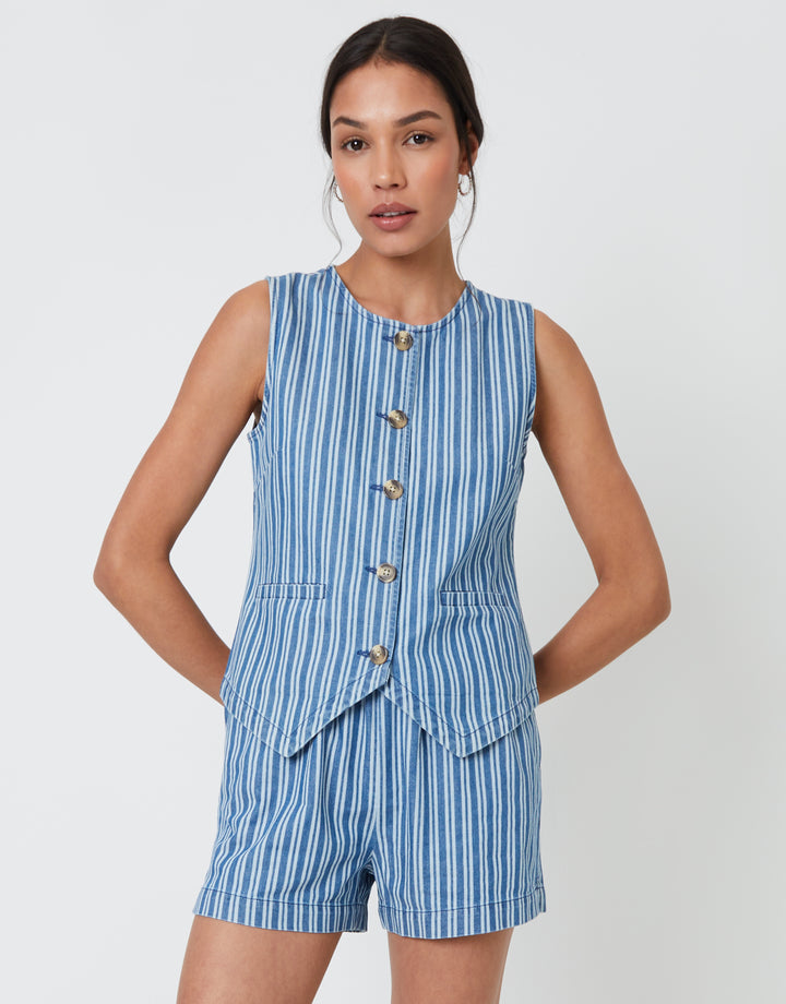 Mid Wash Striped Crew Neck Denim Waistcoat
