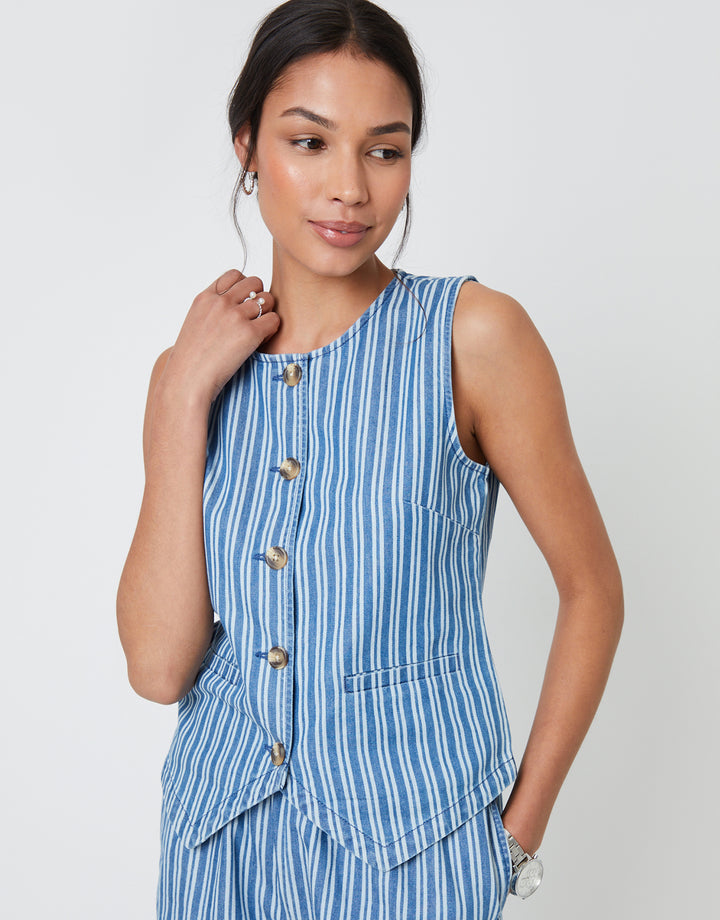 Mid Wash Striped Crew Neck Denim Waistcoat