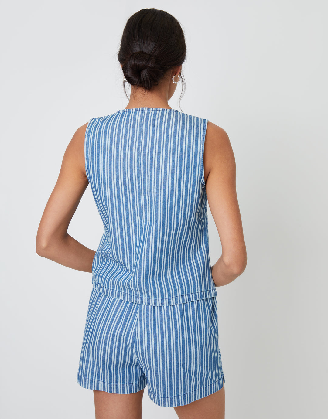 Mid Wash Striped Crew Neck Denim Waistcoat