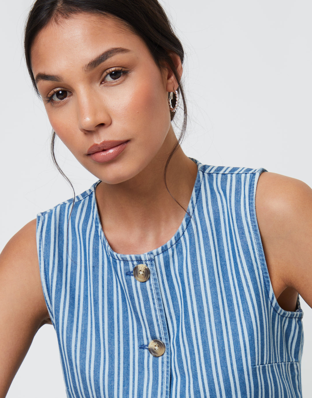 Mid Wash Striped Crew Neck Denim Waistcoat