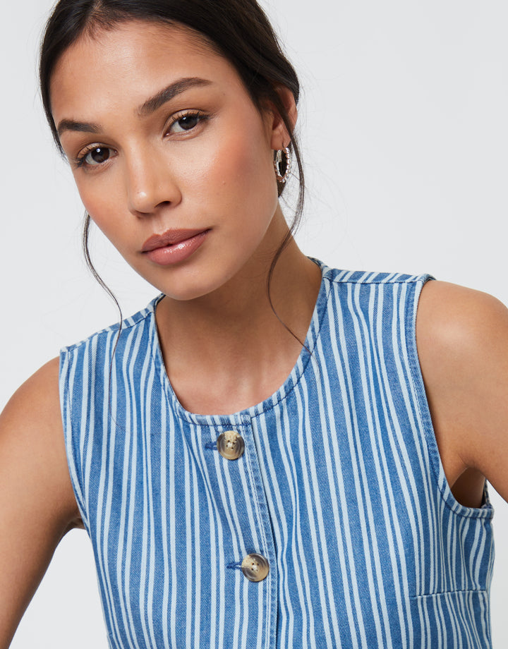 Mid Wash Striped Crew Neck Denim Waistcoat
