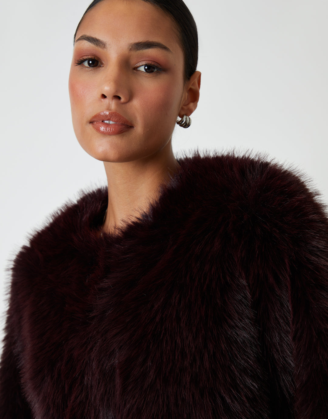 Berry Red Collarless Faux Fur Coat