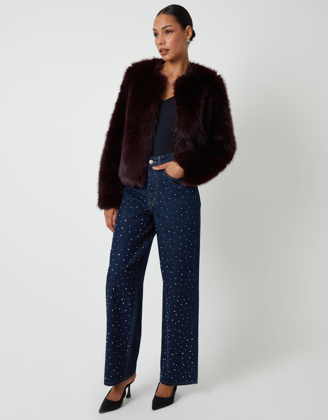 Berry Red Collarless Faux Fur Coat