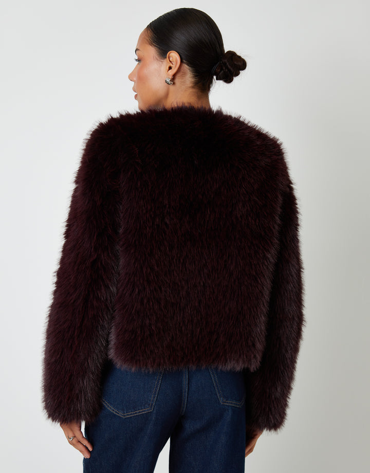 Berry Red Collarless Faux Fur Coat