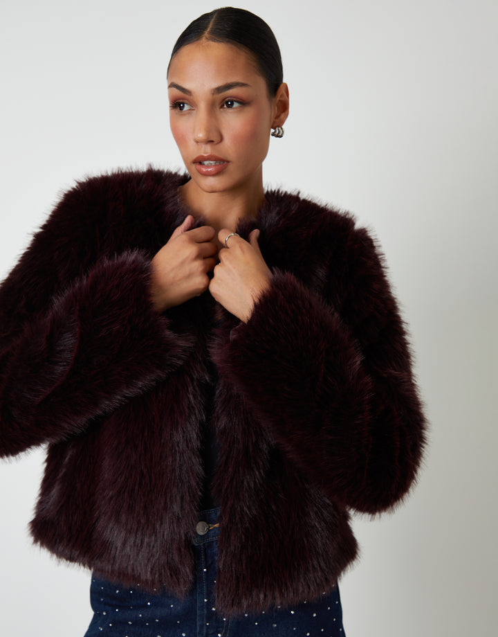 Berry Red Collarless Faux Fur Coat