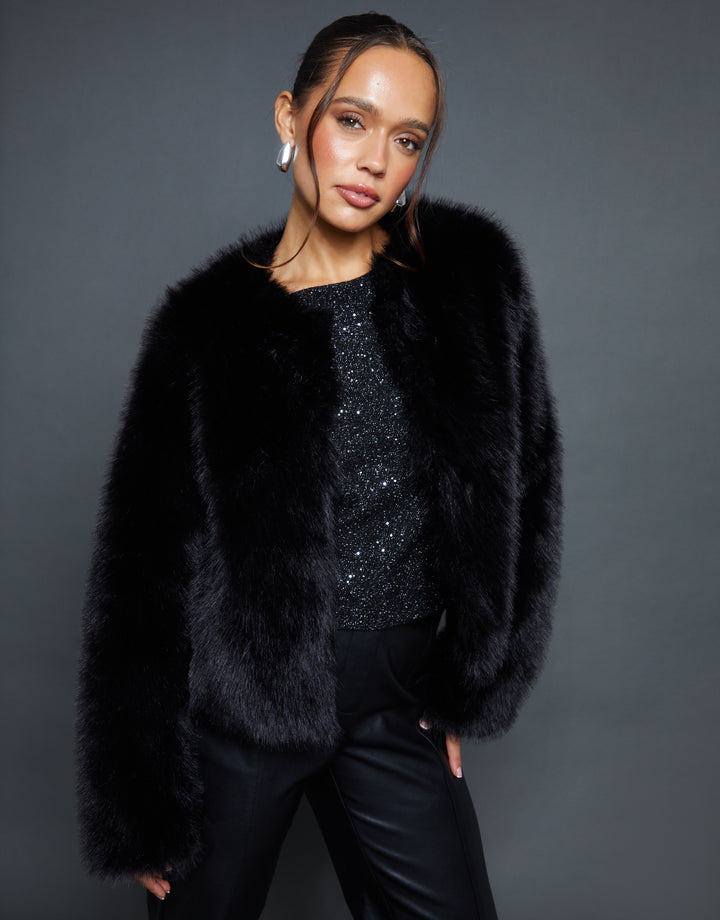 Black Collarless Faux Fur Coat