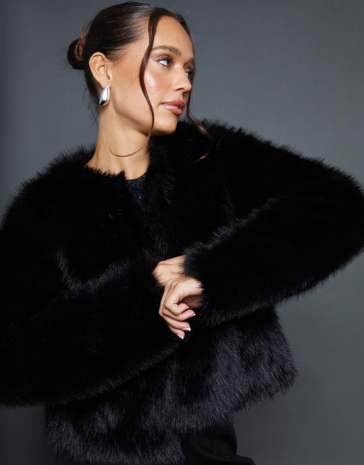 Black Collarless Faux Fur Coat
