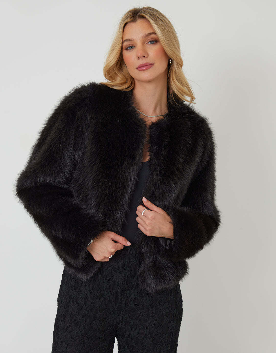 Black Collarless Faux Fur Coat