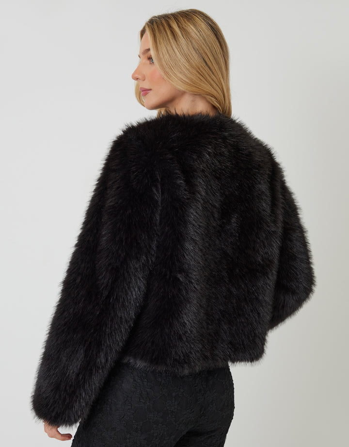 Black Collarless Faux Fur Coat