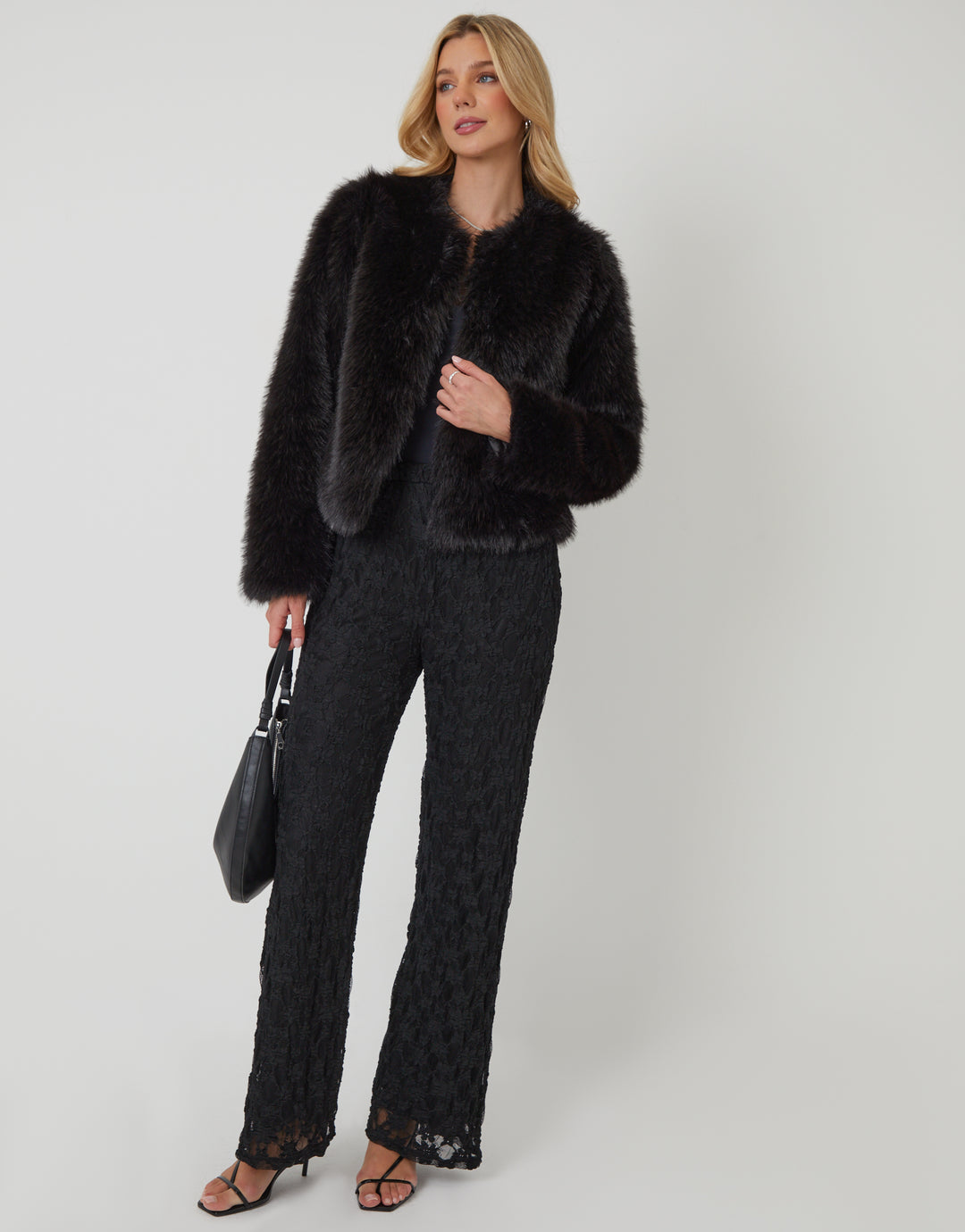Black Collarless Faux Fur Coat