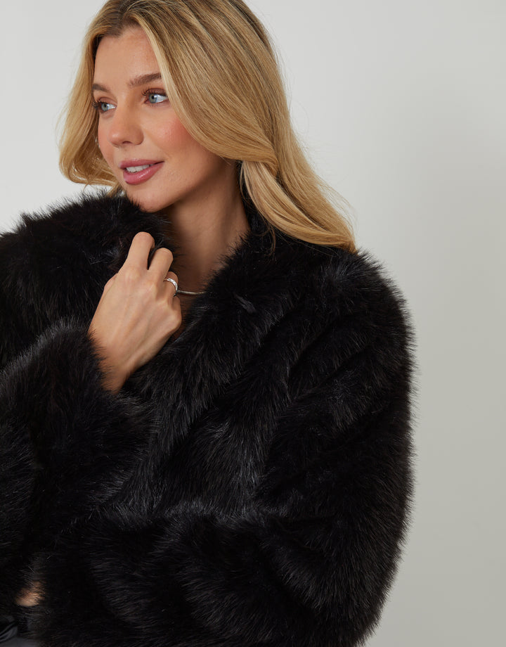 Black Collarless Faux Fur Coat