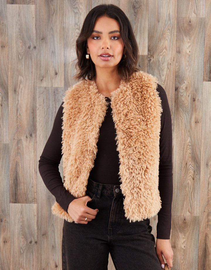 Camel Brown Faux Fur Gilet