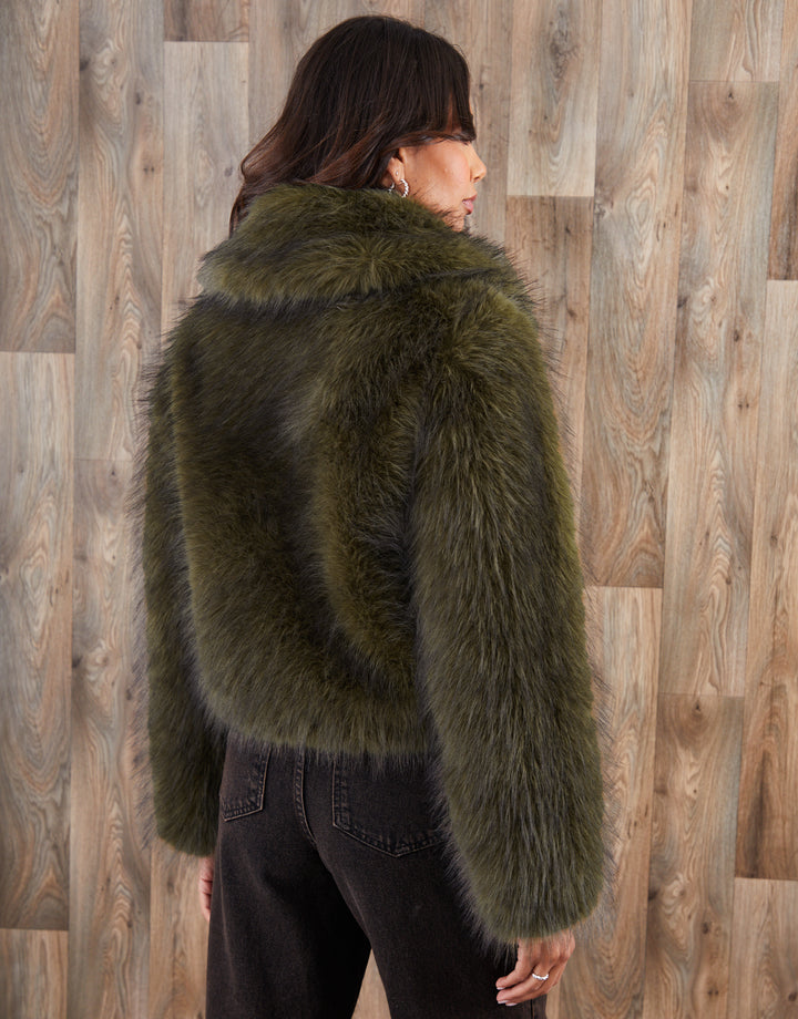 Olive Green Faux Fur Zip Through Coat