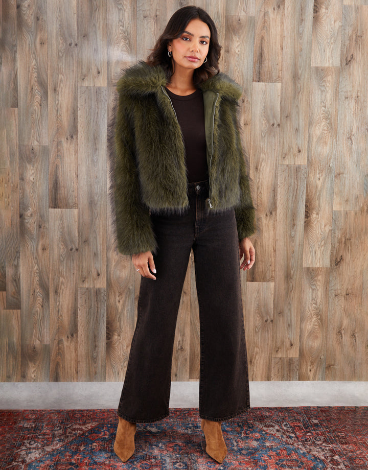Olive Green Faux Fur Zip Through Coat