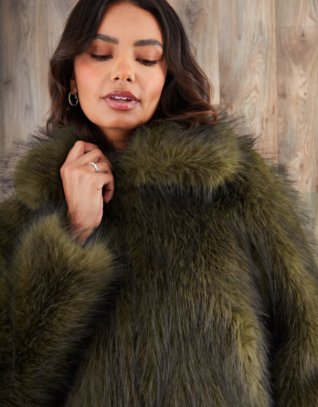 Olive Green Faux Fur Zip Through Coat