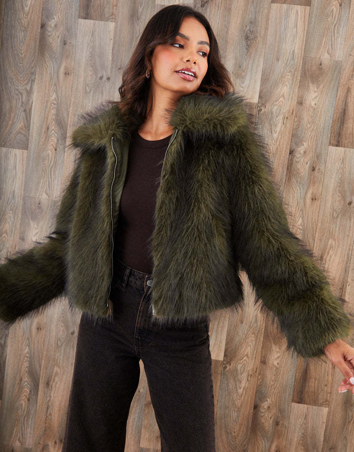 Olive Green Faux Fur Zip Through Coat