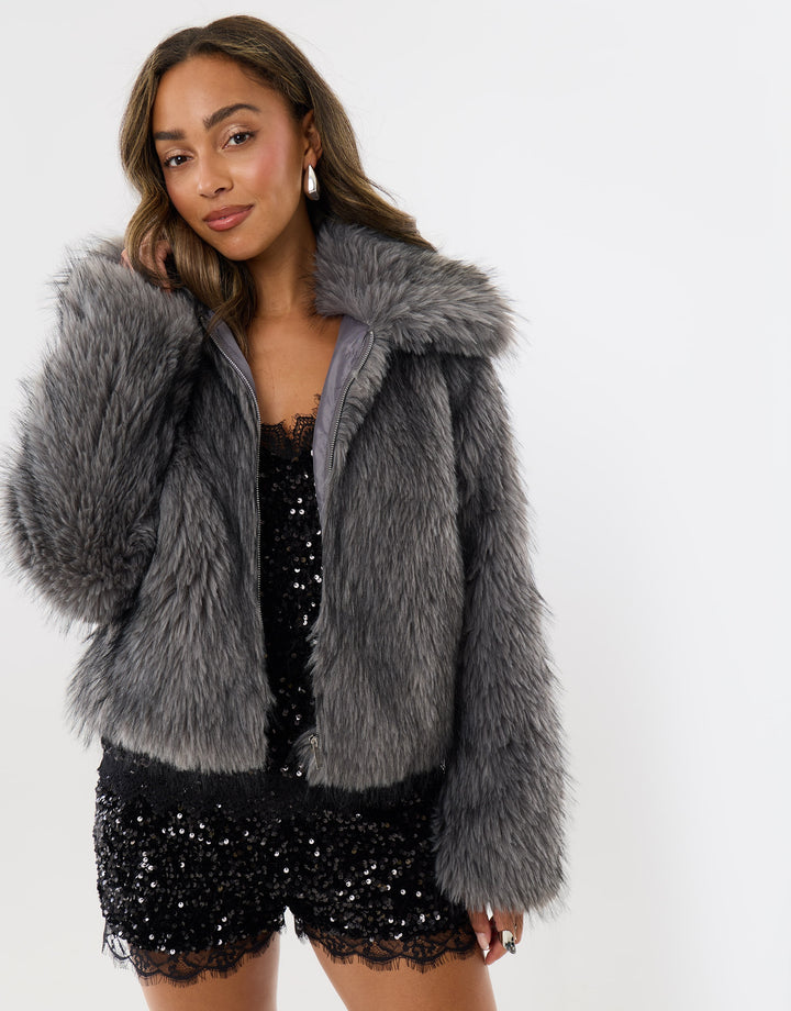 Faux Fur Collared Coat in Charcoal Grey
